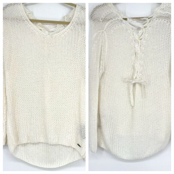 New Together Apparel Crocheted Open Weave Lace-Up Back V-Neck Sweater‎ Cream S/M - Picture 1 of 14